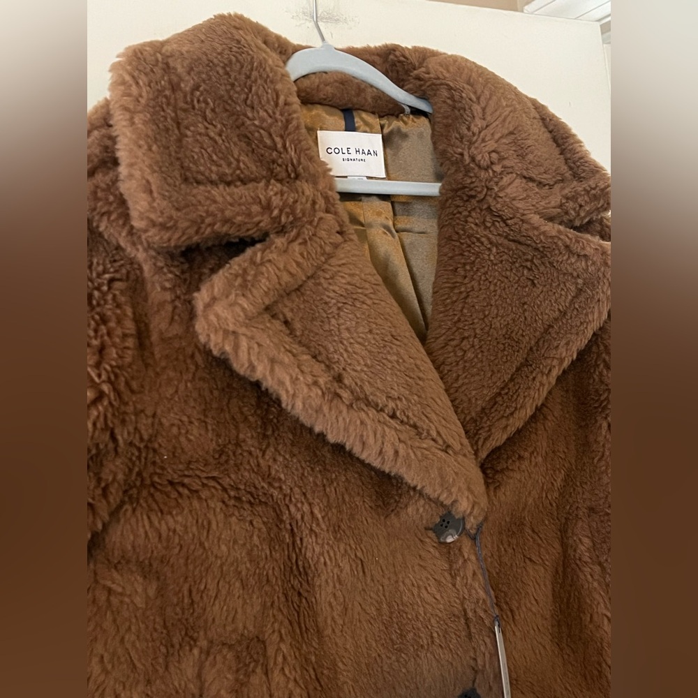 Cole Haan Signature Designer Brown Faux Fur Wool Blend Coat Size XL - Picture 14 of 16
